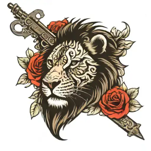 my last name "bhangu" should be written under a lion and roses and ak47 look nice make sure you spell the Bhangu correct tattoo design idea