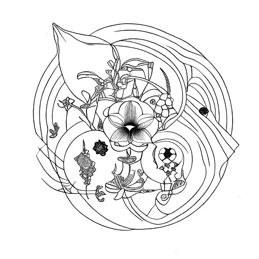 long de la colonne vertébrale avec composition de constellation cancer et capricorne, d'orchidée, oiseaux, fleur  tattoo design idea