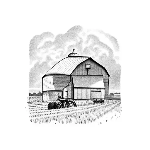 farm with tractor and barn tattoo design idea