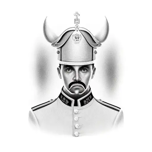 Russian soldier with bmp2 and ka50 on left, symmetrical face, long, flat face, large honkin bosh, big chinstrap eyes, 2  tattoo design idea