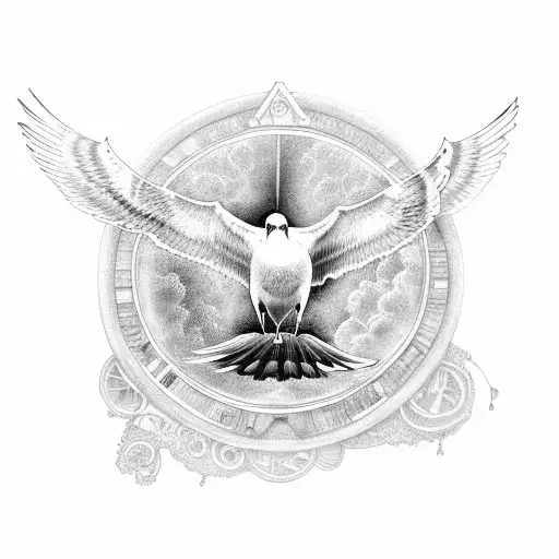 An intricate black and grey tattoo of a seagull flying above a bookshelf filled with psychology books tattoo design idea