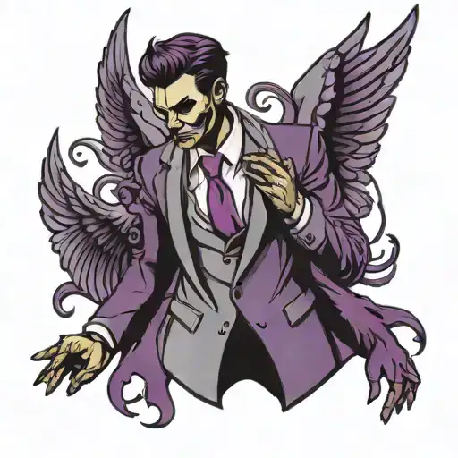 shadow angel in a suit purple glow background  tattoo design idea