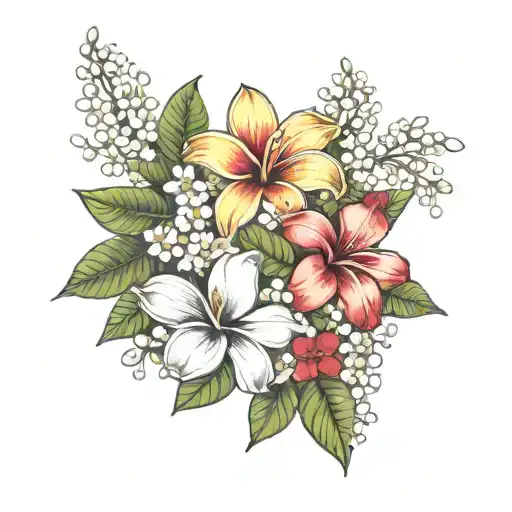 frangipani, baby breath and hibiscus flowers growing tattoo design idea