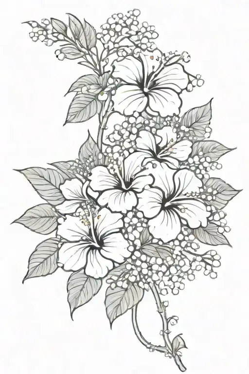 hibiscus, baby breath and fragipani flowers ALL intertwined tattoo design idea