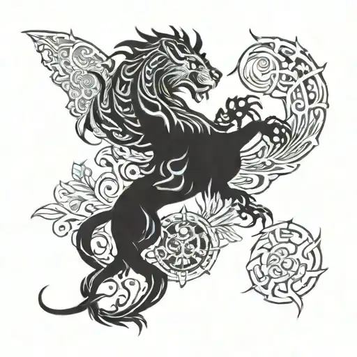 Phoenix, lion, dragon, horseshoe, four-leaf clover tattoo design idea