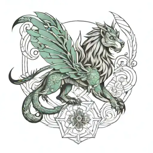 Phoenix, lion, dragon, horseshoe, four-leaf clover tattoo design idea