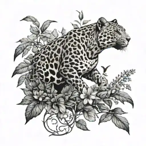 jaguar silhouette with plants around it and ravens flying above tattoo design idea