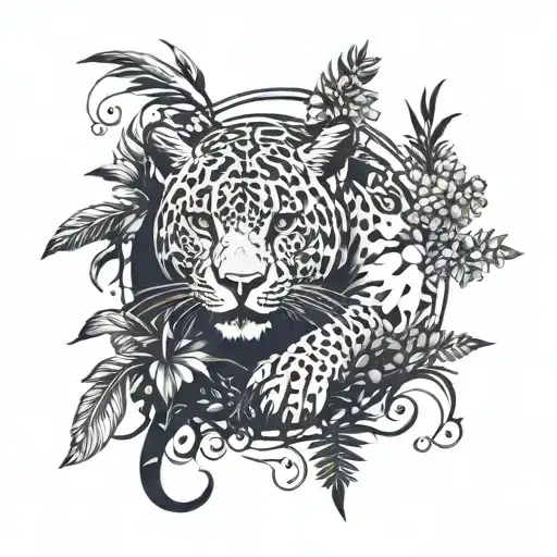 jaguar silhouette with plants around it and ravens flying above tattoo design idea
