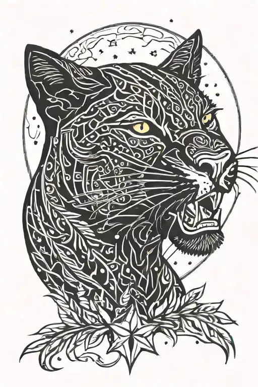 black panther emerging from djungle with moon and stars tattoo design idea