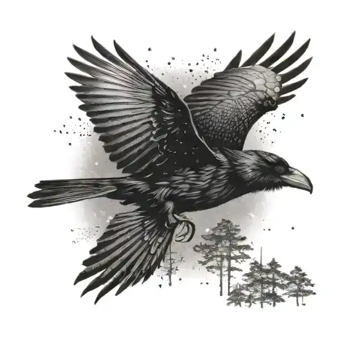 A beautiful scene of a raven flying over a forest of trees with a starlit sky tattoo design idea