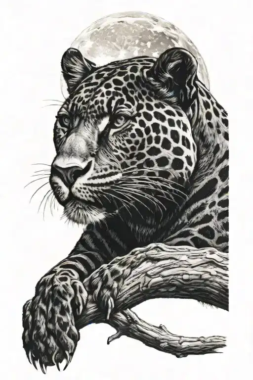 black jaguar on a tree branch with moon in background tattoo design idea