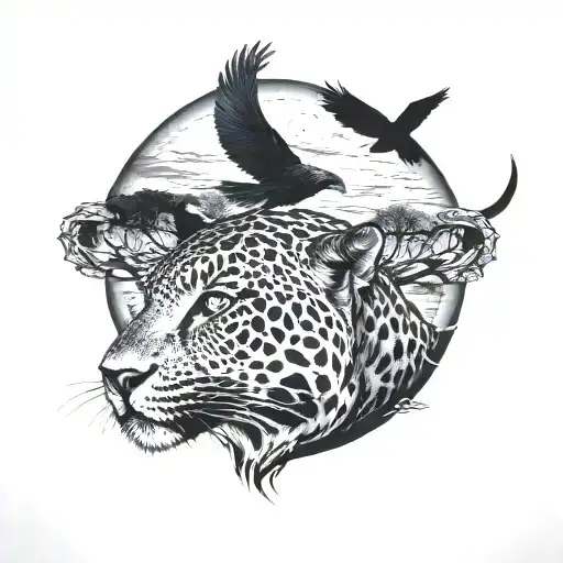 jaguar silhouette with moon and ravens flying tattoo design idea