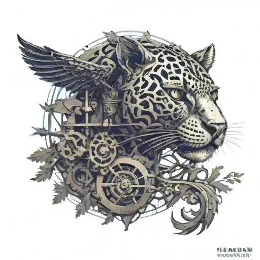 steampunk jaguar with ravens and trees tattoo design idea