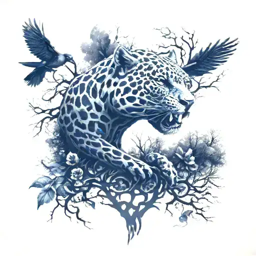 jaguar with ravens and trees tattoo design idea