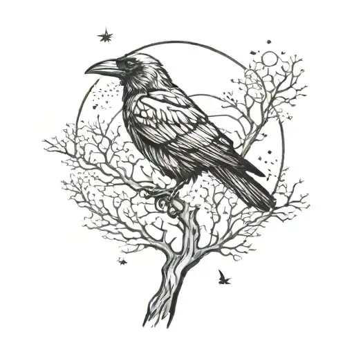 A majestic raven perched on a tall tree with a full moon and stars in the background tattoo design idea