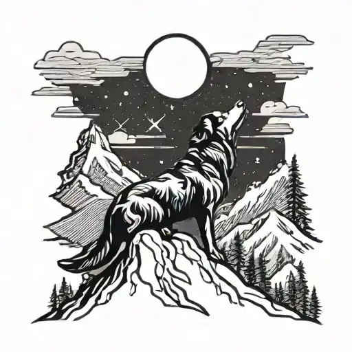 A silhouette of a dog howling at the moon with mountains in the background tattoo design idea