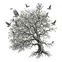 An intricate design featuring various birds flying among branches of a tree tattoo design idea