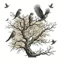 An intricate design featuring various birds flying among branches of a tree tattoo design idea