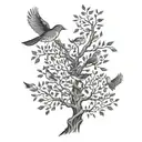 An intricate design featuring various birds flying among branches of a tree tattoo design idea