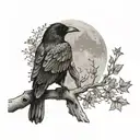Raven perched regally on a branch beneath moon and stars tattoo design idea