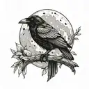 Raven perched regally on a branch beneath moon and stars tattoo design idea