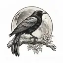 Raven perched regally on a branch beneath moon and stars tattoo design idea