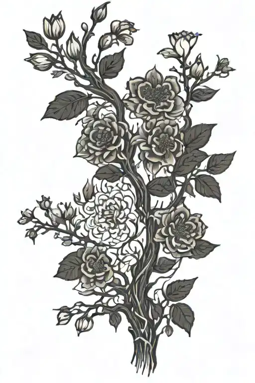 a burned knarled tree beginning to bloom new flowers  tattoo design idea