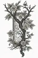 a burned knarled tree beginning to bloom new flowers  tattoo design idea