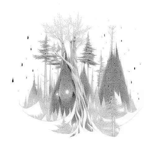 An anime-inspired forest scene with glowing eyes hidden among the trees tattoo design idea