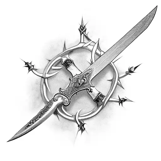a sword pointing down with the crown of thorns around the handle tattoo design idea