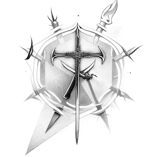 a sword pointing down with the crown of thorns hanging on the hilt  tattoo design idea