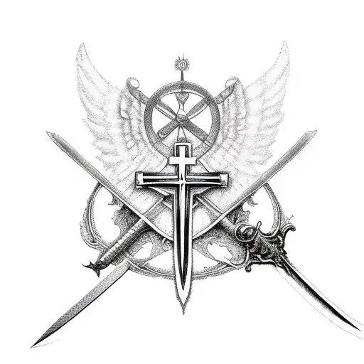 sword in the shape of a cross with wings coming out of the sides and a halo on top tattoo design idea