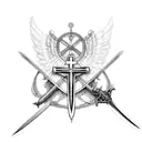 sword in the shape of a cross with wings coming out of the sides and a halo on top tattoo design idea