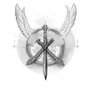 sword in the shape of a cross with wings coming out of the sides and a halo on top tattoo design idea