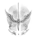 sword in the shape of a cross with wings coming out of the sides and a halo on top tattoo design idea