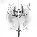 sword in the shape of a cross with wings coming out of the sides and a halo on top tattoo design idea
