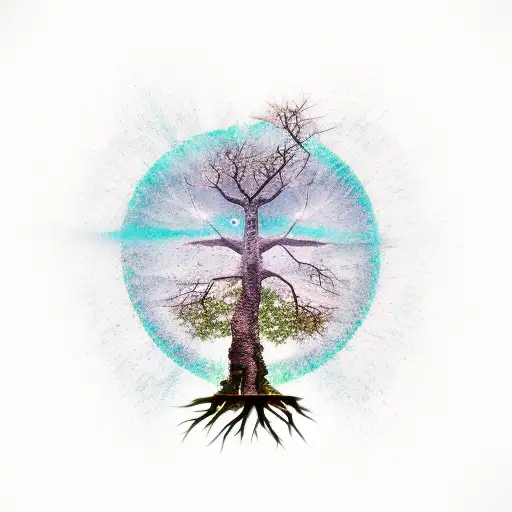 Tree in a the shape of a cross with roots coming out the bottom, and dead leaves falling representing sins tattoo design idea
