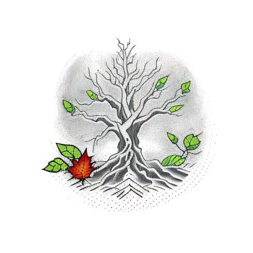 Tree in a the shape of a cross with roots coming out the bottom, and dead leaves falling representing sins tattoo design idea