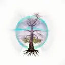 Tree in a the shape of a cross with roots coming out the bottom, and dead leaves falling representing sins tattoo design idea