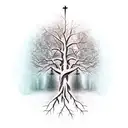 Tree in a the shape of a cross with roots coming out the bottom, and dead leaves falling representing sins tattoo design idea
