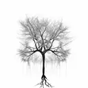 Tree in a the shape of a cross with roots coming out the bottom, and dead leaves falling representing sins tattoo design idea