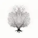 Tree in a the shape of a cross with roots coming out the bottom, and dead leaves falling representing sins tattoo design idea