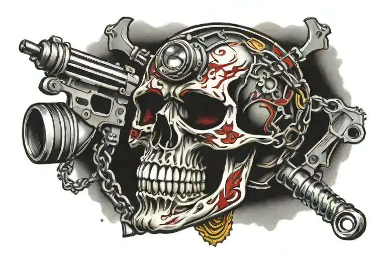 skull, paint gun, 2T piston, motocross chain, mechanics tattoo design idea