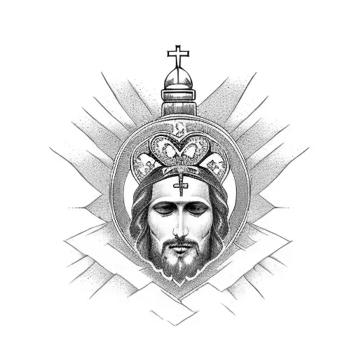 A majestic Sacred Heart of Jesus nestled within a mountain range tattoo design idea