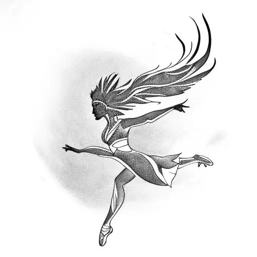 A silhouette of a dancer leaping with phoenix feathers trailing behind tattoo design idea