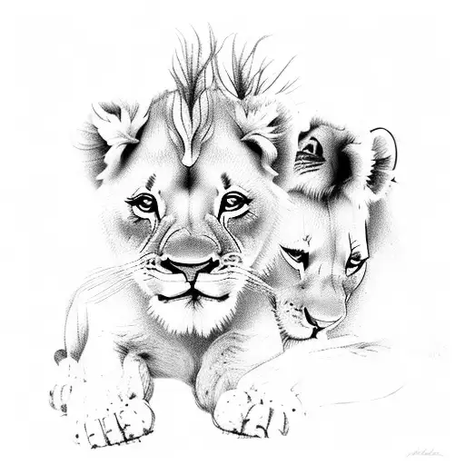 mother lion with little boy and girl tattoo design idea