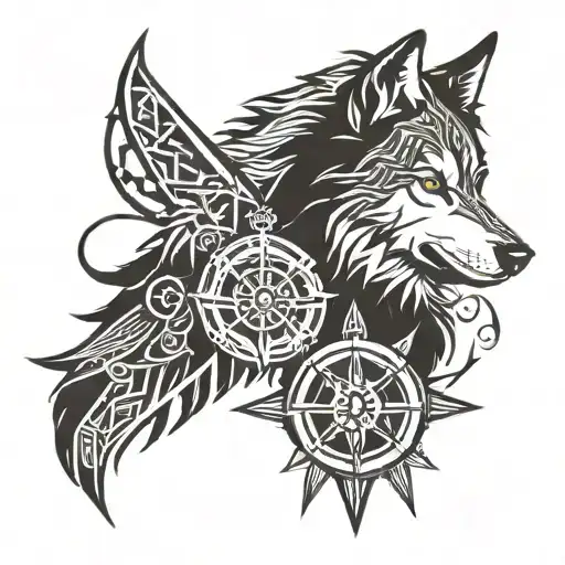 wolf and compass tattoo design idea