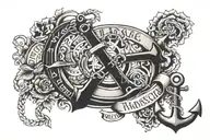 create a tattoo with an anchor, a lifebuoy, the Hamburger Michel and the lettering Hamburg tattoo design idea