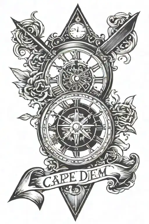 clock with arrow and saying "carpe diem" tattoo design idea