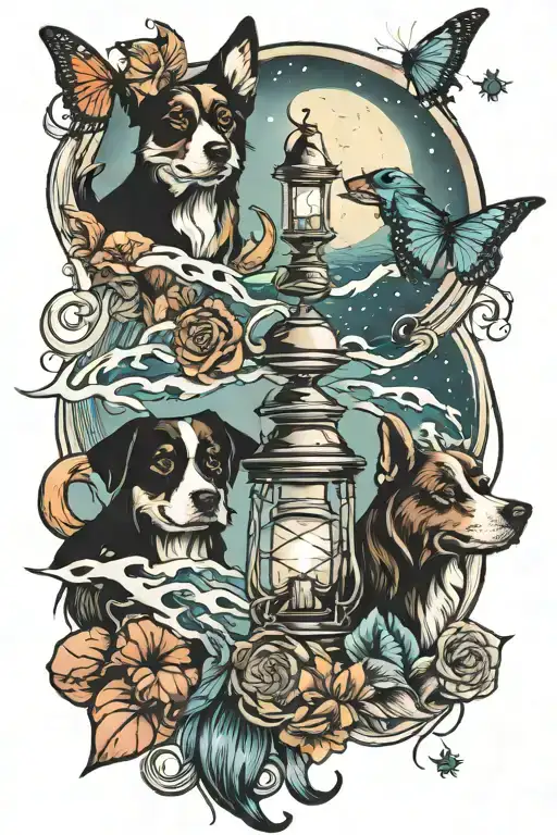 3 dogs, ocean, lantern, butterfly, compass, moon  tattoo design idea